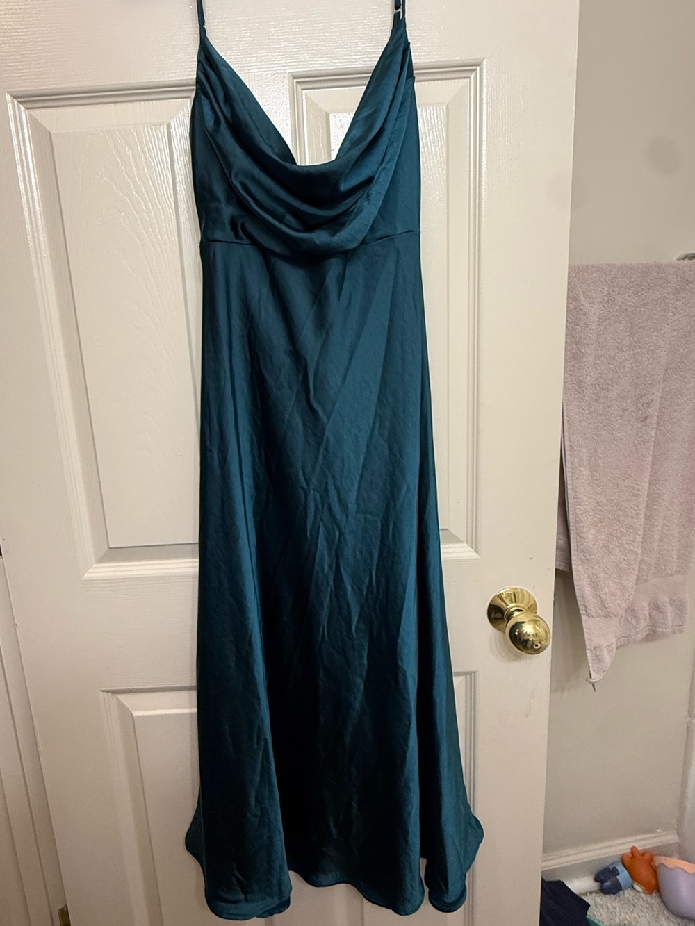 Strapless Satin Slip Dress in Teal with Cowl Neck
